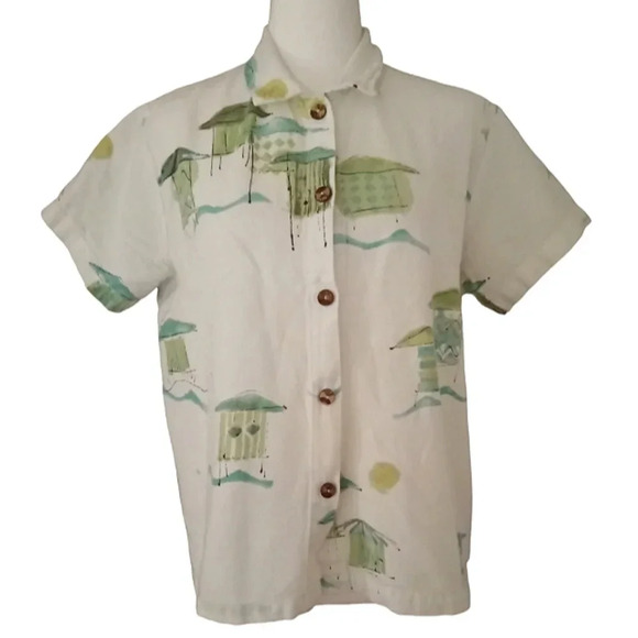 Hot Cotton Beachy Cabana Button Front Blouse Blue Green Gauzy Size‎ Medium - Picture 1 of 5